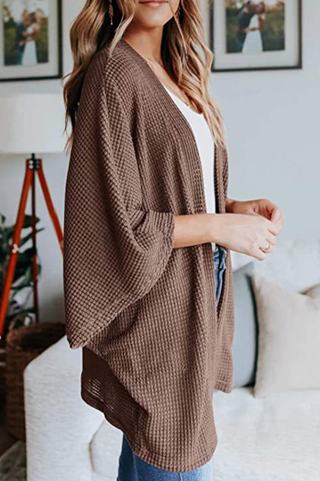 Women's waffle solid half sleeve wrap cardigan