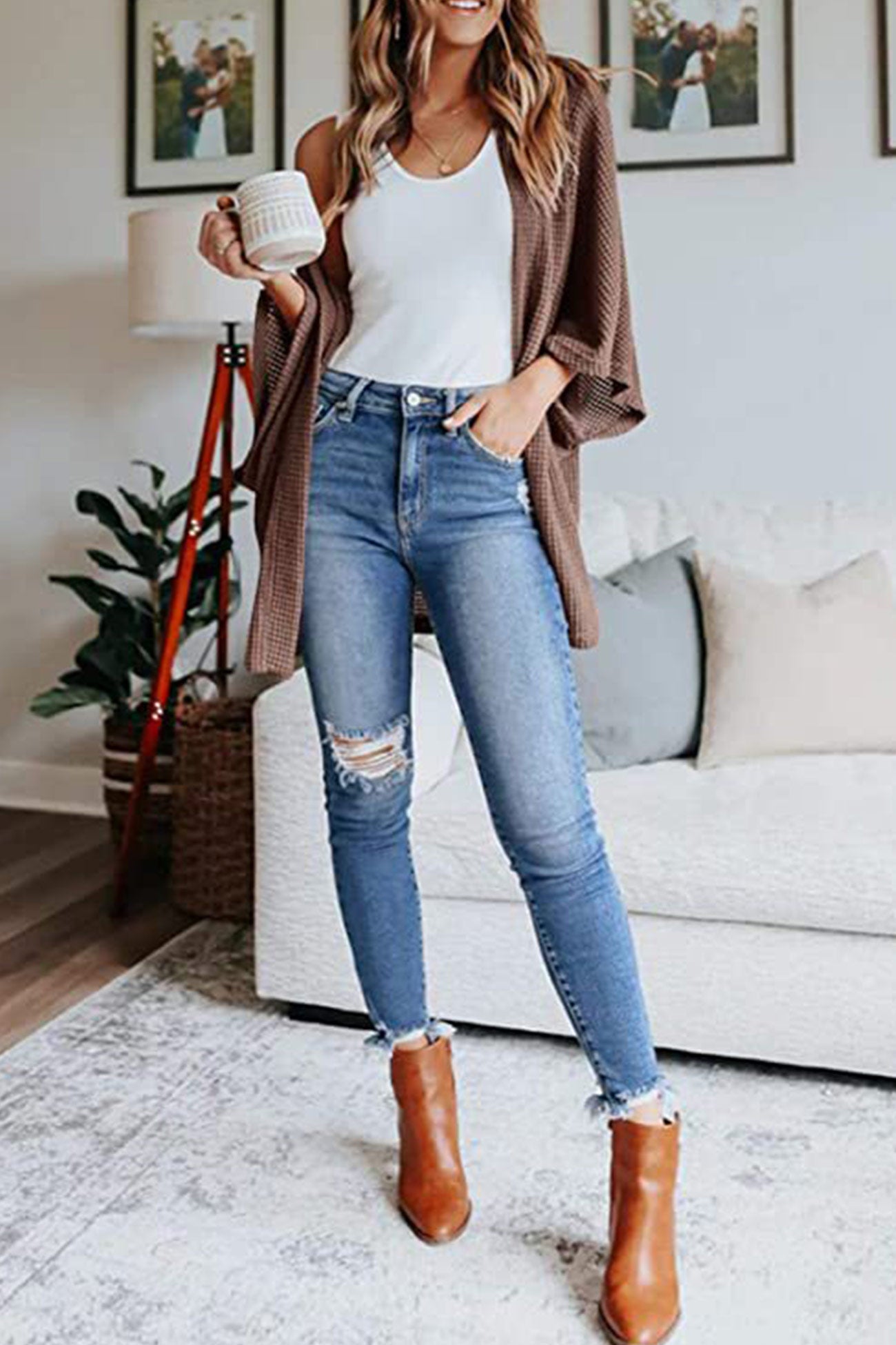 Women's waffle solid half sleeve wrap cardigan
