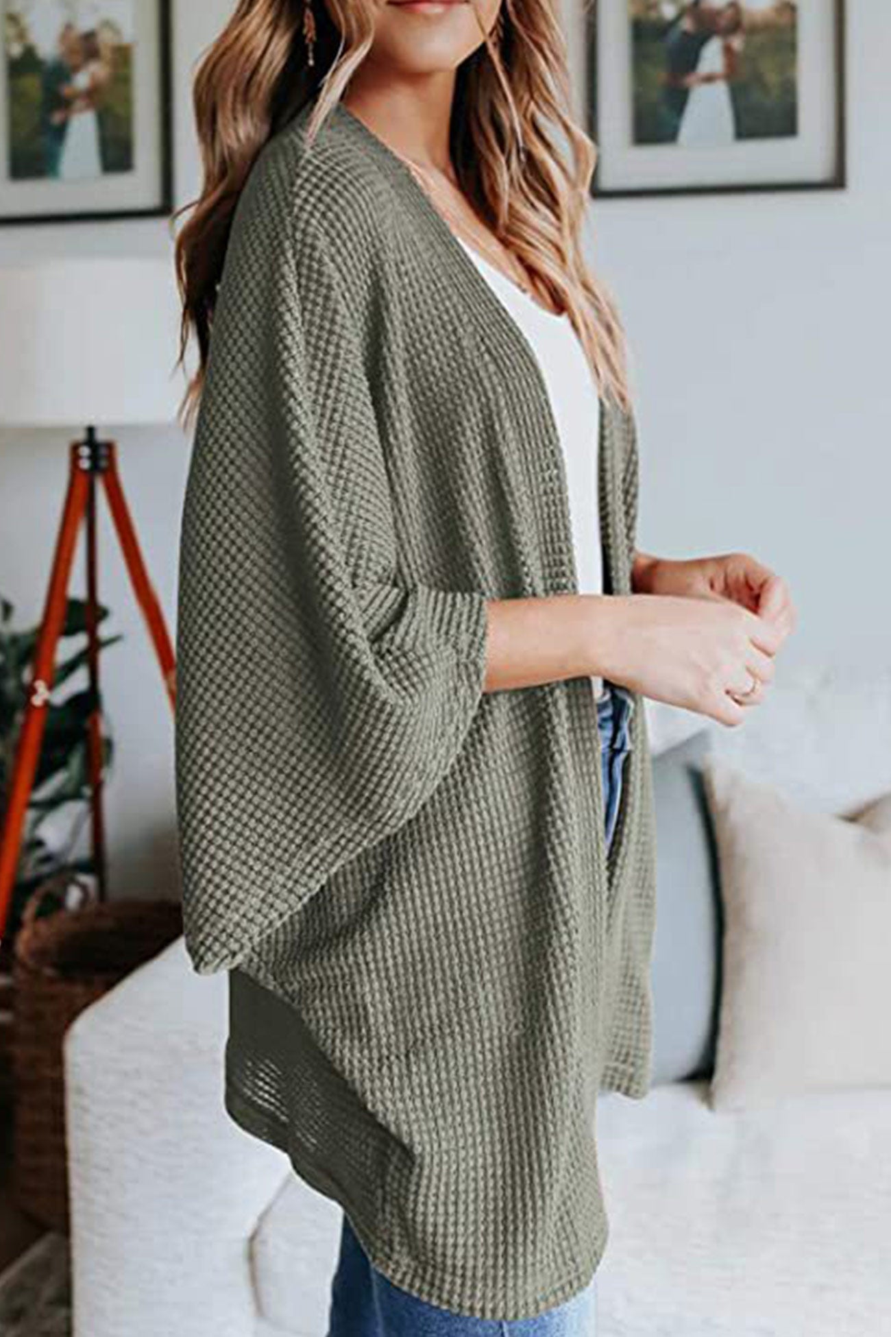 Women's waffle solid half sleeve wrap cardigan