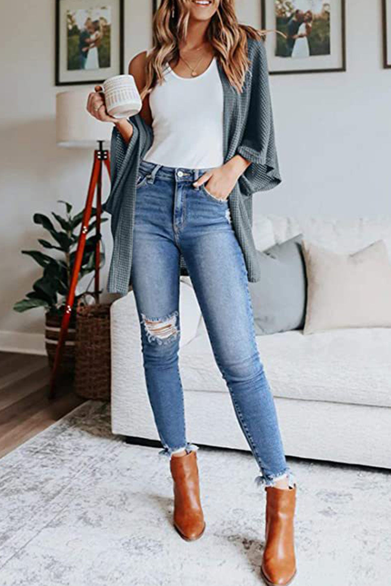 Women's waffle solid half sleeve wrap cardigan