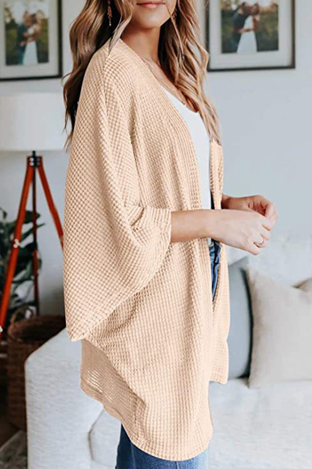 Women's waffle solid half sleeve wrap cardigan