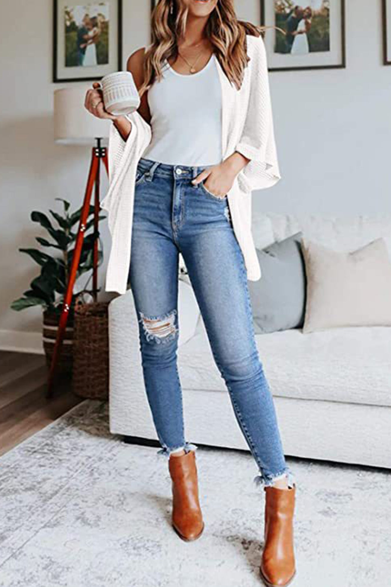 Women's waffle solid half sleeve wrap cardigan