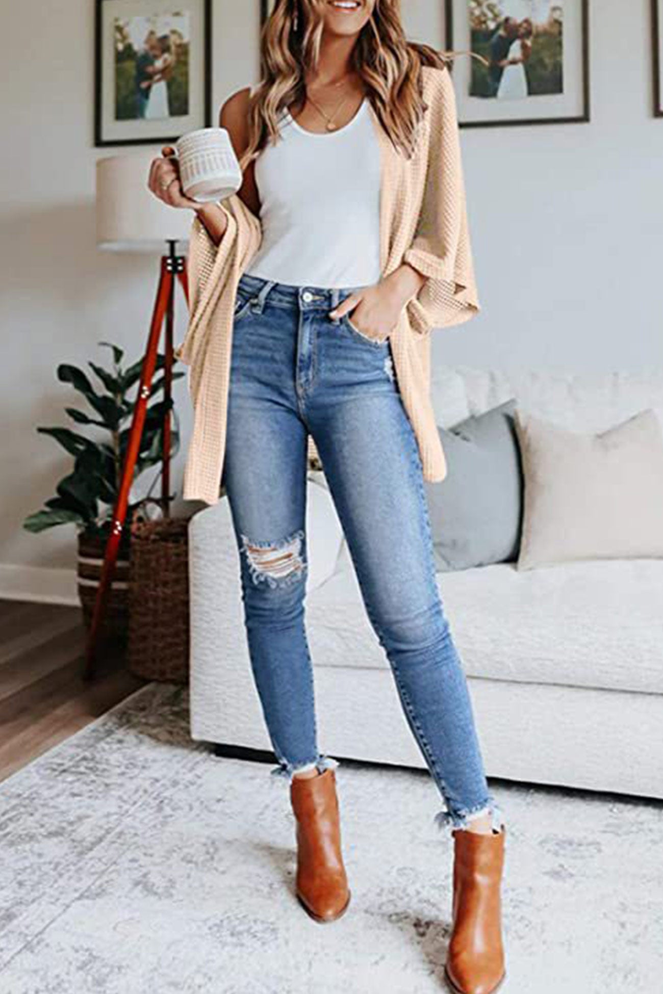 Women's waffle solid half sleeve wrap cardigan