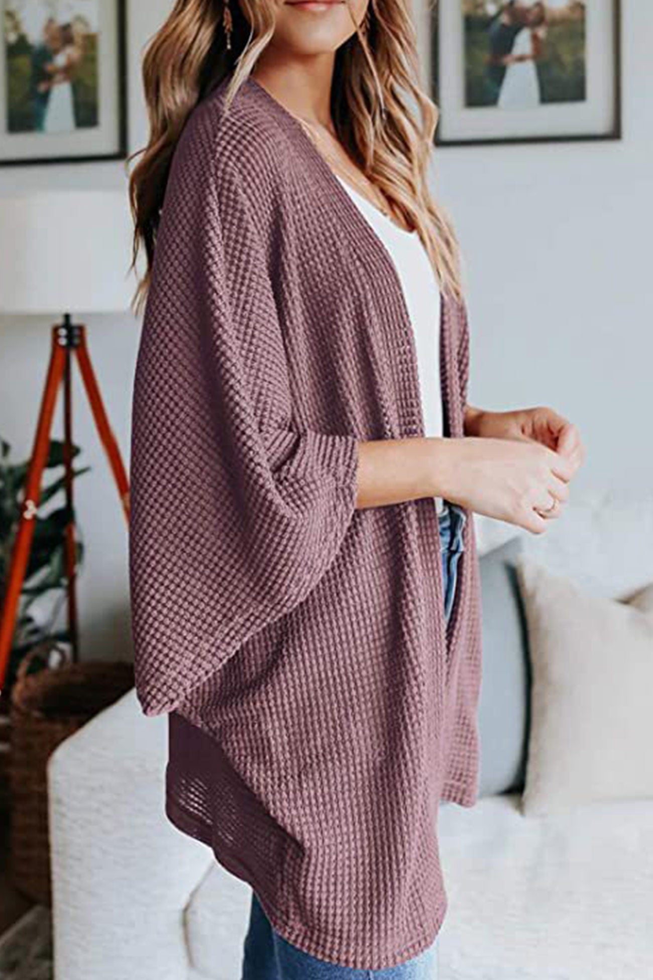 Women's waffle solid half sleeve wrap cardigan