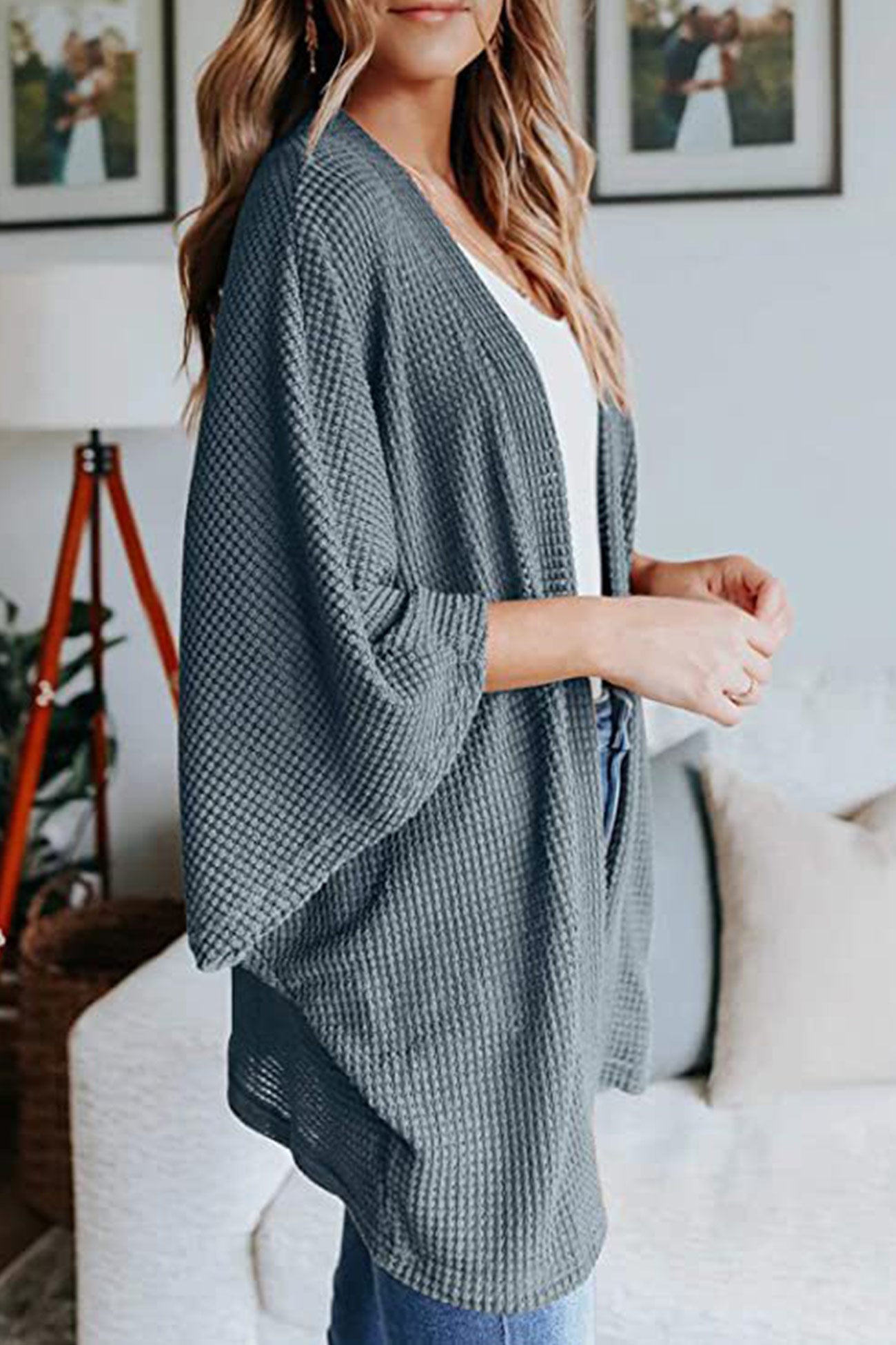 Women's waffle solid half sleeve wrap cardigan