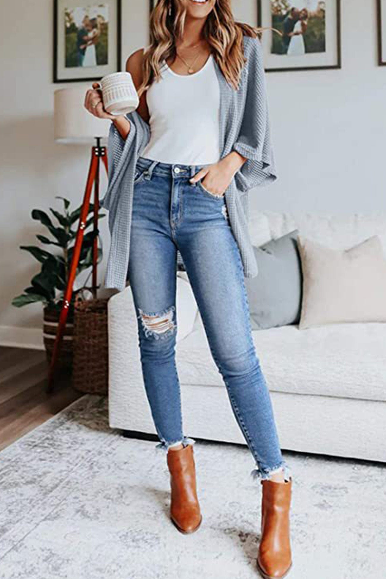 Women's waffle solid half sleeve wrap cardigan