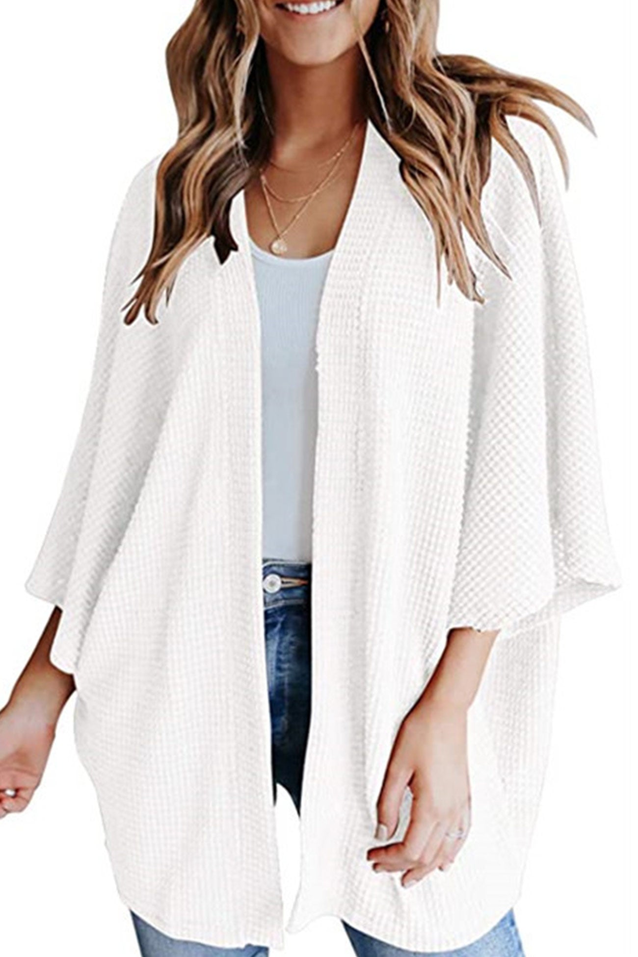 Women's waffle solid half sleeve wrap cardigan