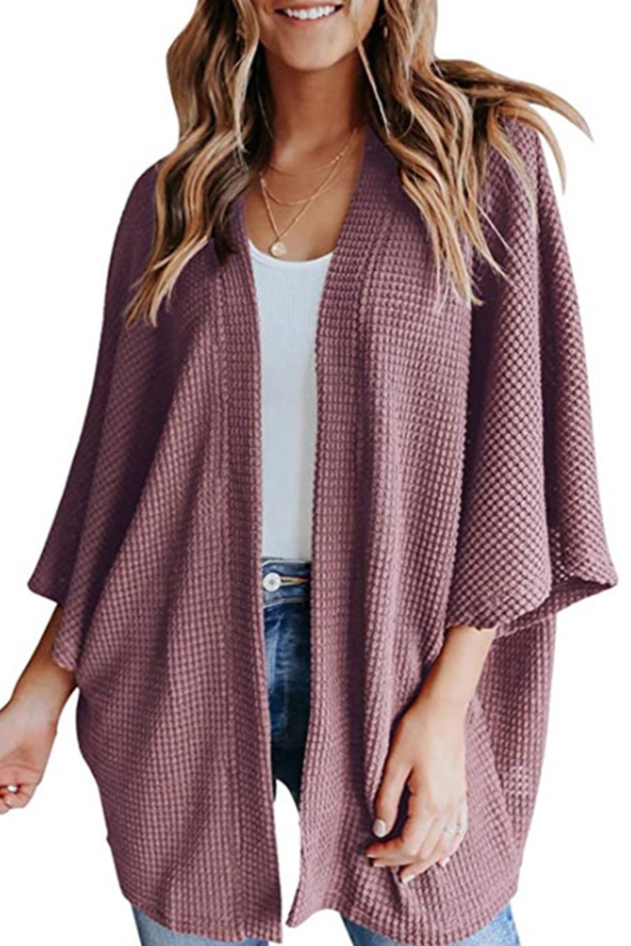 Women's waffle solid half sleeve wrap cardigan