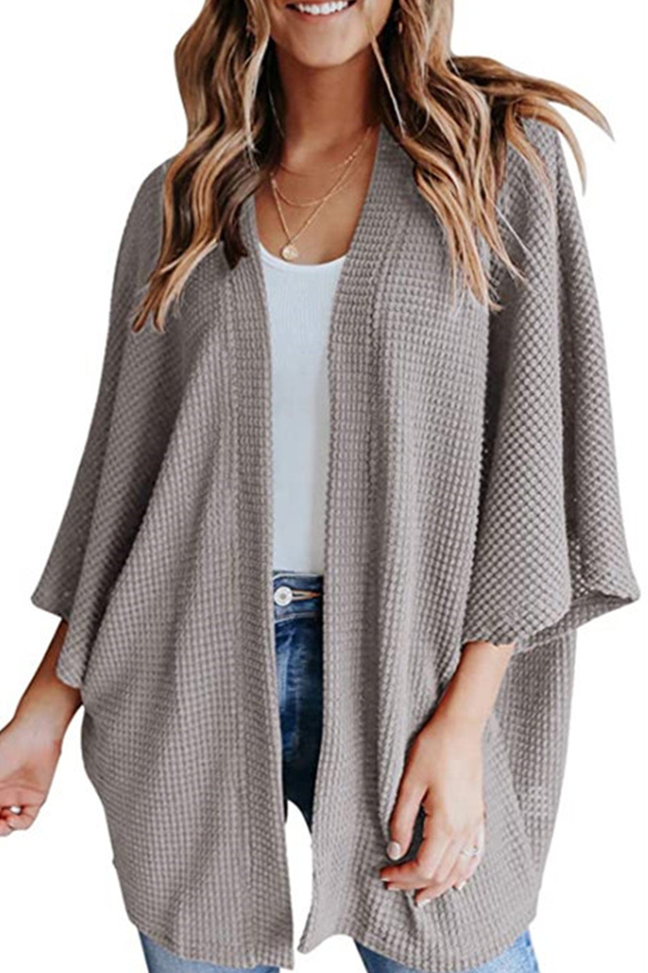 Women's waffle solid half sleeve wrap cardigan