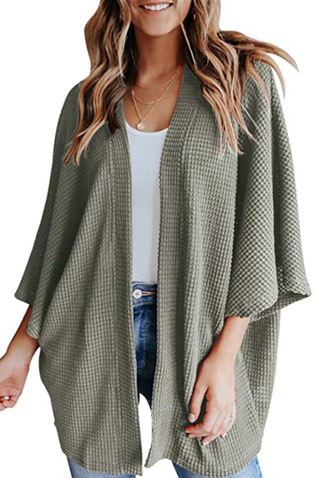 Women's waffle solid half sleeve wrap cardigan