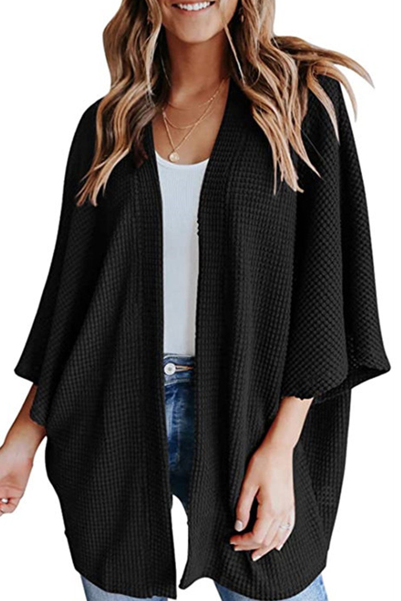 Women's waffle solid half sleeve wrap cardigan
