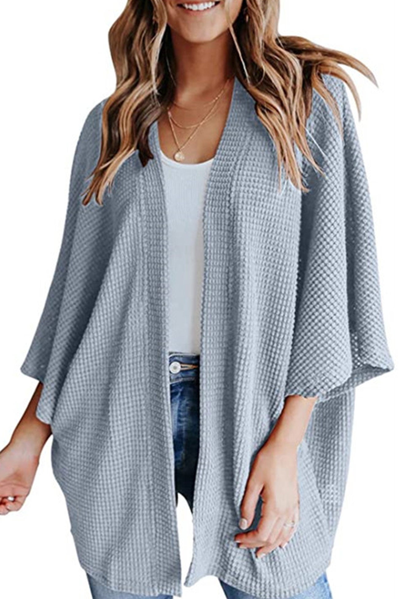 Women's waffle solid half sleeve wrap cardigan
