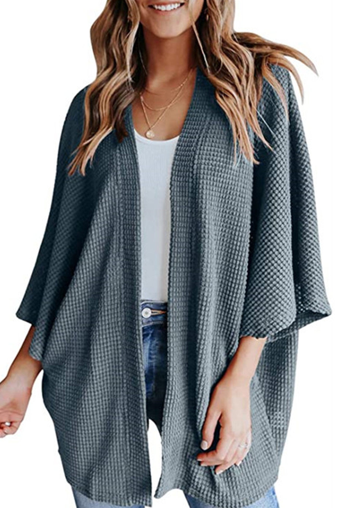 Women's waffle solid half sleeve wrap cardigan