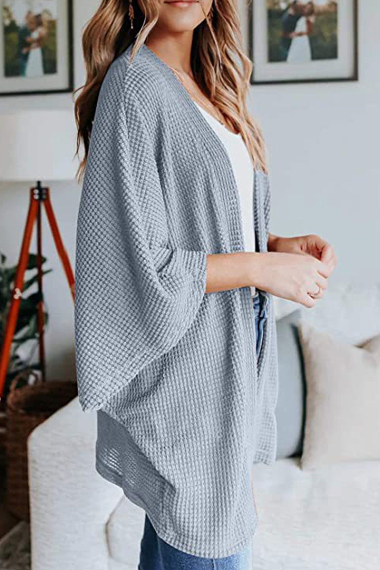 Women's waffle solid half sleeve wrap cardigan