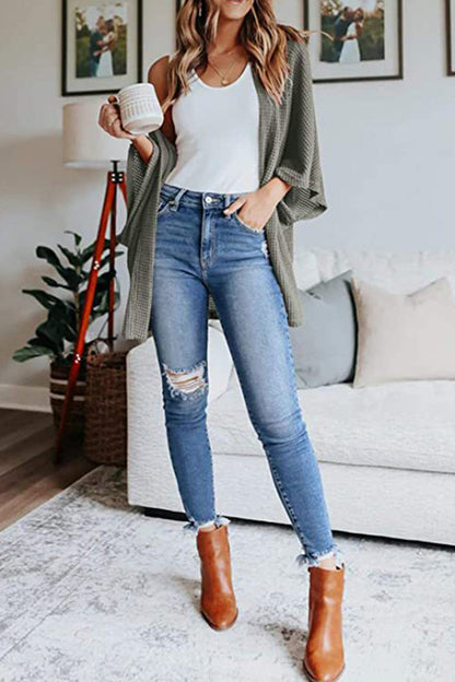 Women's waffle solid half sleeve wrap cardigan