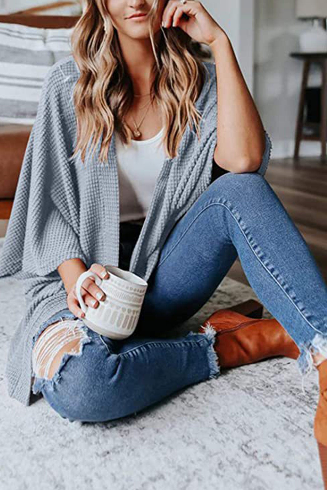 Women's waffle solid half sleeve wrap cardigan