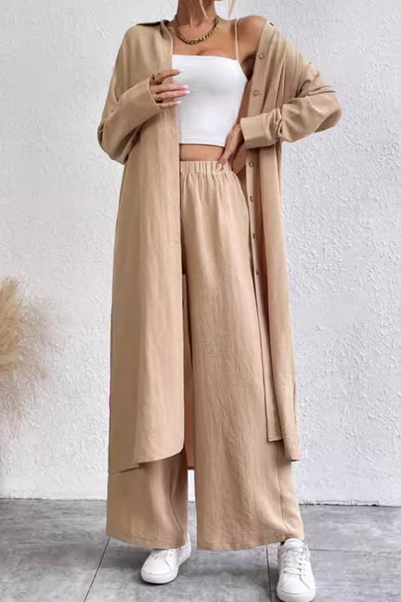 Women's solid button-down knee-length shirt and wide leg pants set