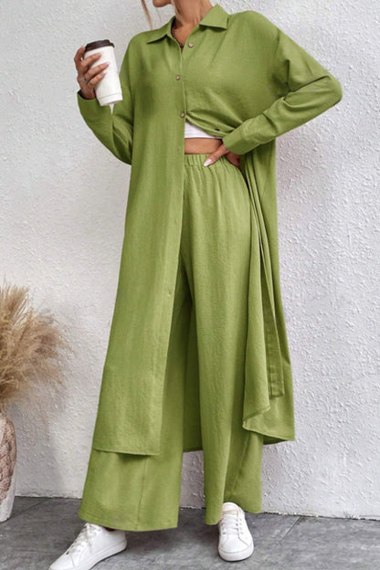 Women's solid button-down knee-length shirt and wide leg pants set
