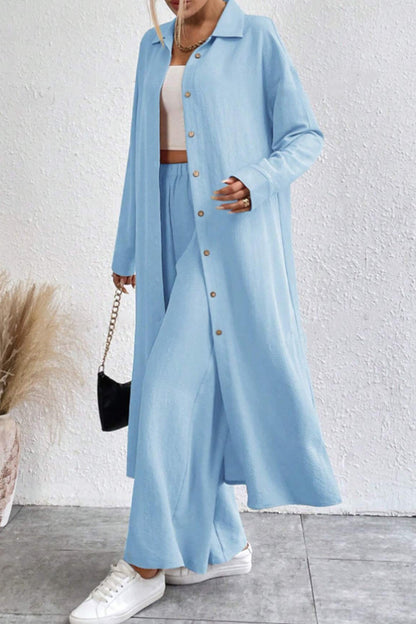 Women's solid button-down knee-length shirt and wide leg pants set