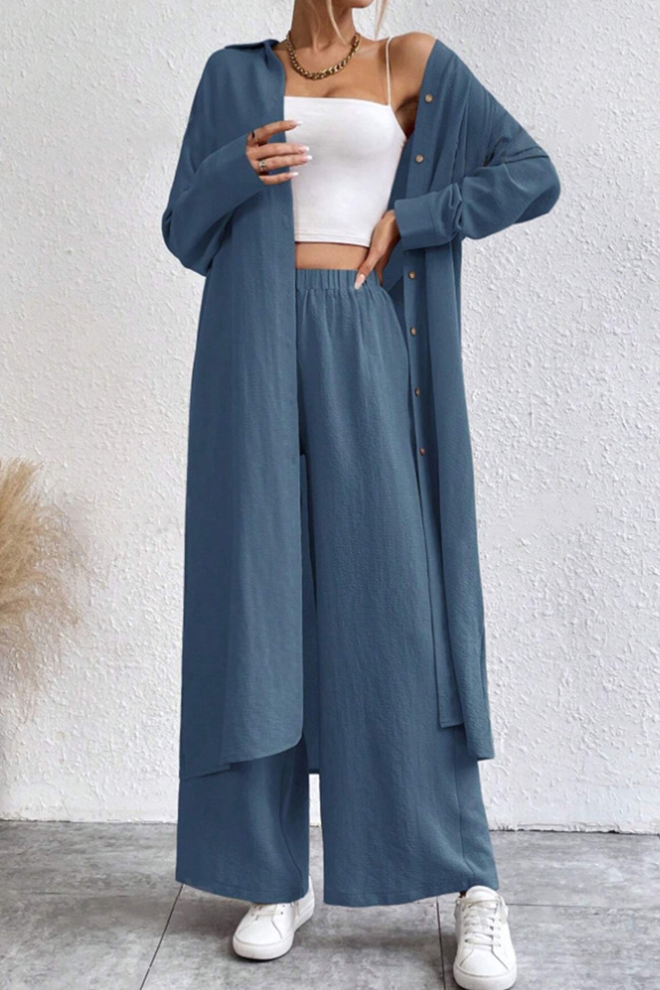 Women's solid button-down knee-length shirt and wide leg pants set