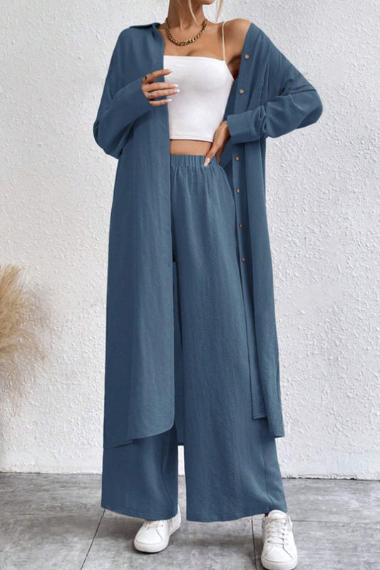 Button-Down Knee-Length Wide Leg Pants Set