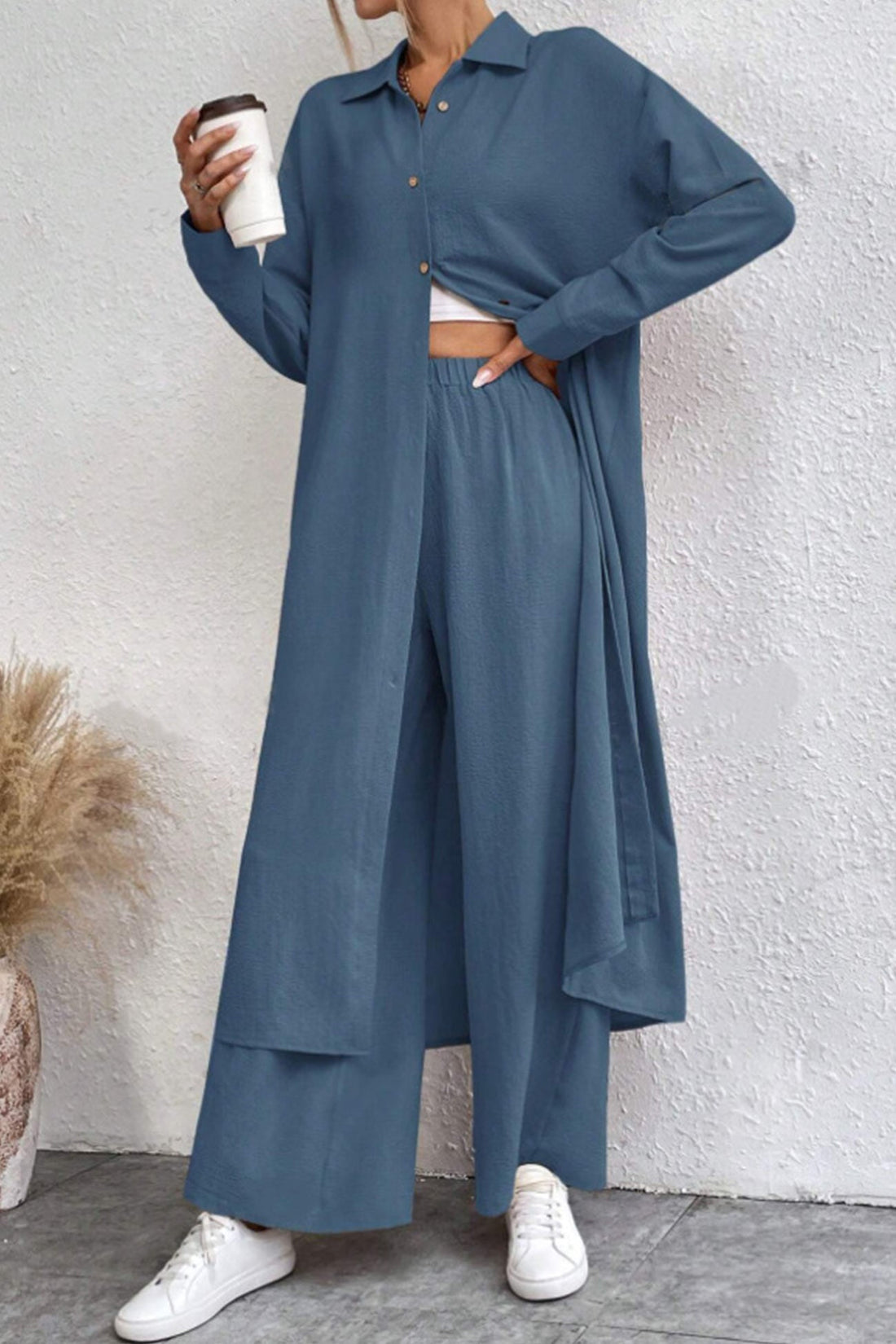 Women's solid button-down knee-length shirt and wide leg pants set