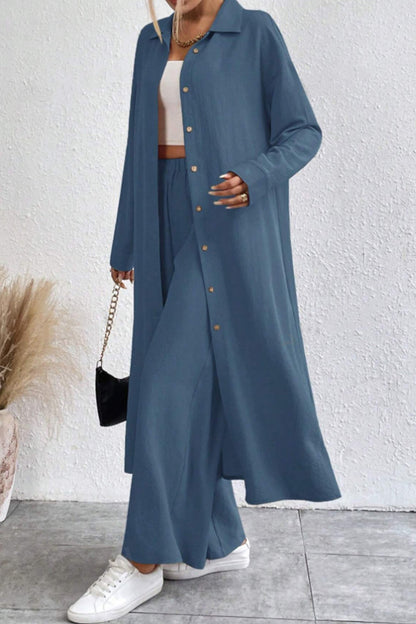 Women's solid button-down knee-length shirt and wide leg pants set