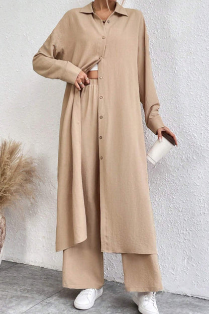 Women's solid button-down knee-length shirt and wide leg pants set