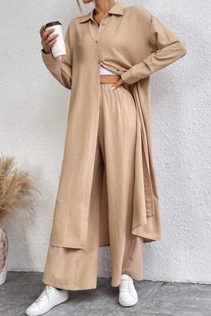 Women's solid button-down knee-length shirt and wide leg pants set