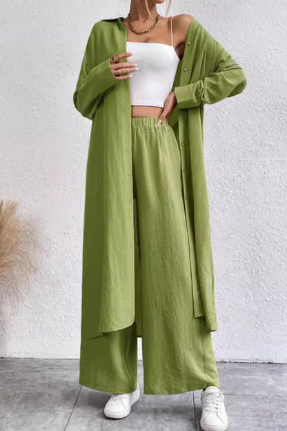 Women's solid button-down knee-length shirt and wide leg pants set