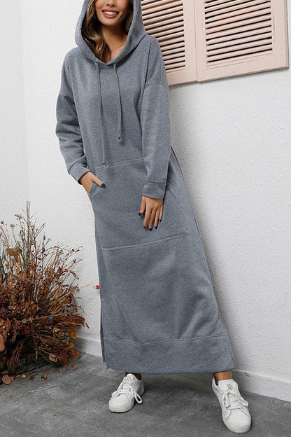 Women's Hoodie Dress - Long Sleeve - Loose Fit - Kangaroo Pocket - Side Slits