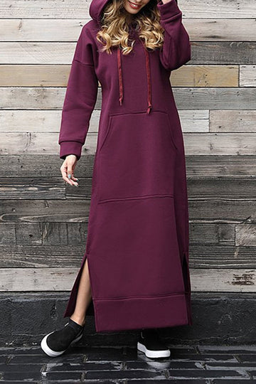 Women's solid pocket hoodie dress with slit hem