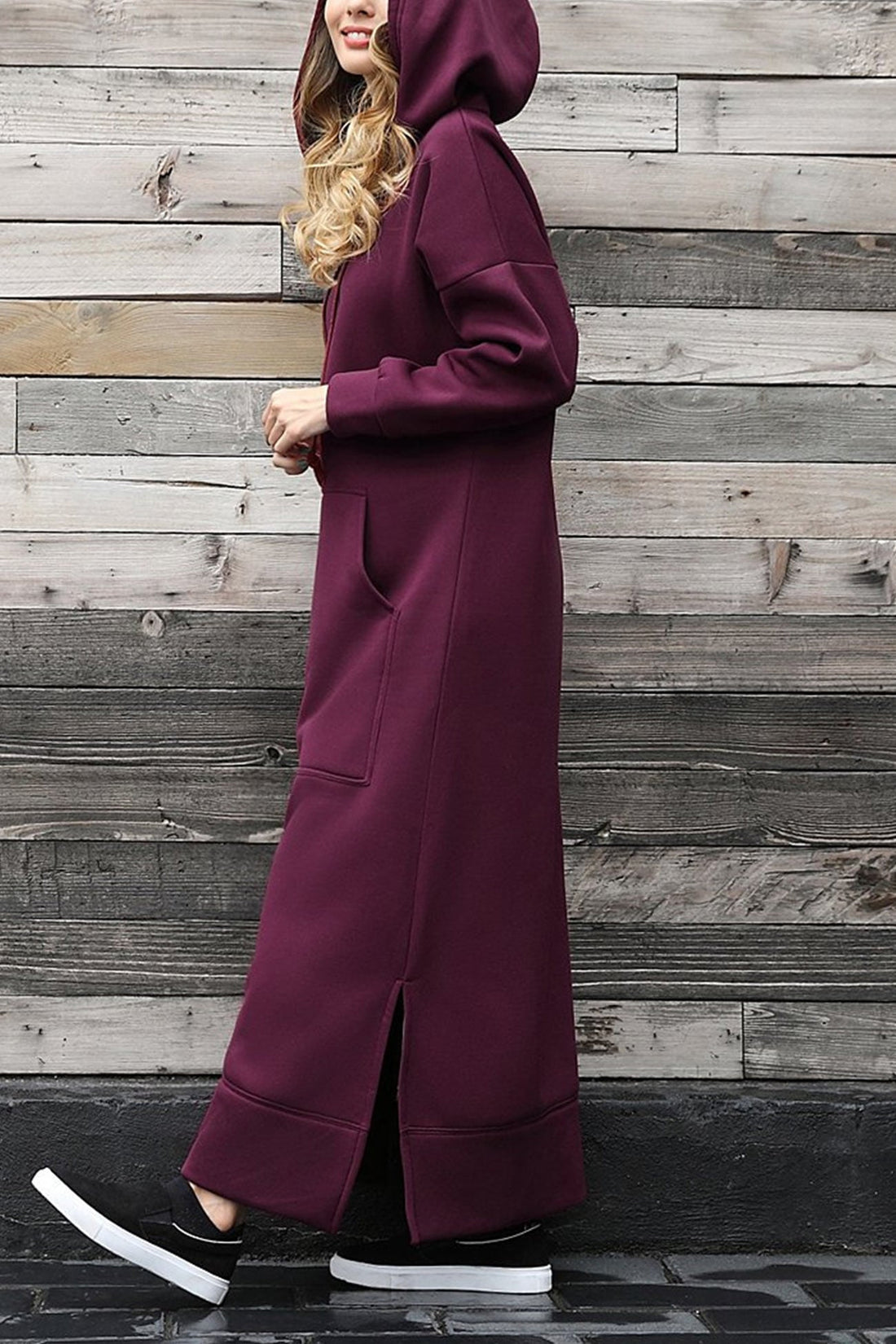 Women's solid pocket hoodie dress with slit hem