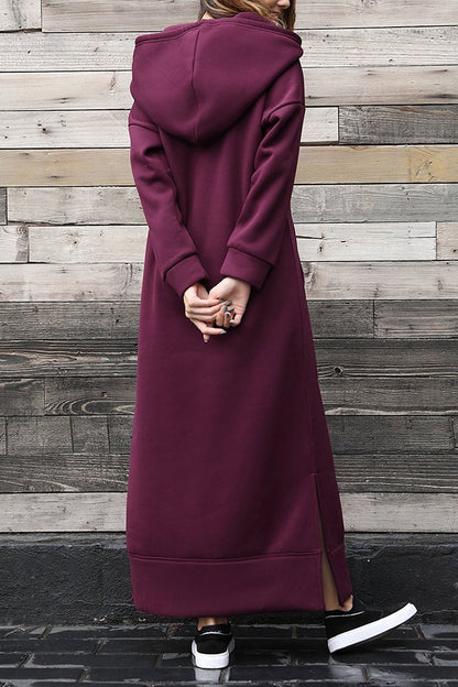 Women's Hoodie Dress - Long Sleeve - Loose Fit - Kangaroo Pocket - Side Slits