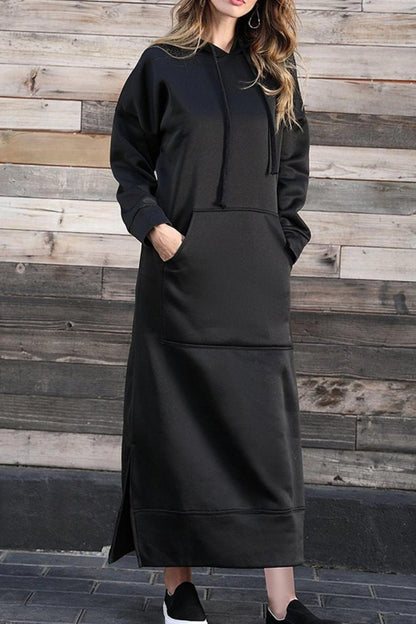 Women's Hoodie Dress - Long Casual Fit - Side Slit - With Pockets - Soft Fabric