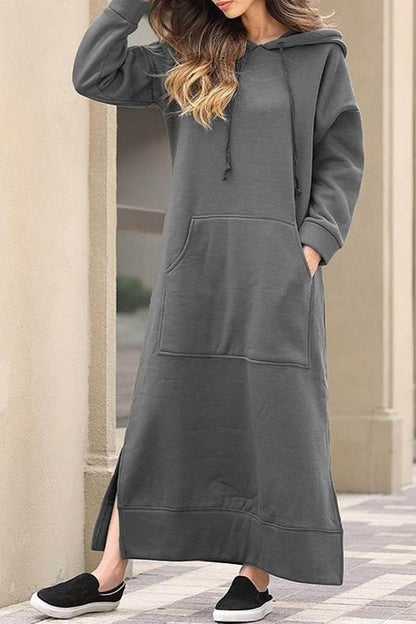 Women's Hoodie Dress - Long Sleeve - Loose Fit - Kangaroo Pocket - Side Slits