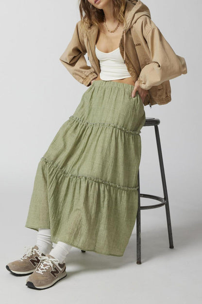 Women's Tiered Midi Skirt - Lightweight & Breathable - Elastic Waist - Flowy Casual Wear