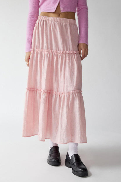Women's Tiered Midi Skirt - Lightweight & Breathable - Elastic Waist - Flowy Casual Wear