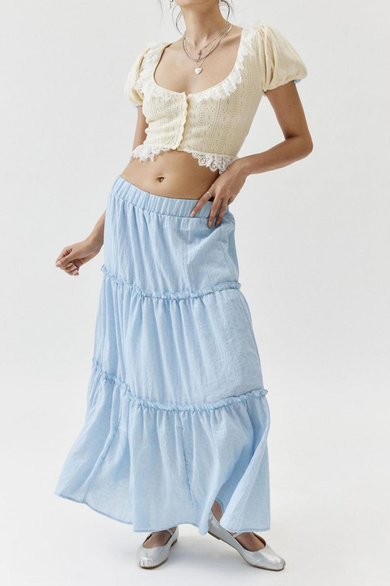 Women's Tiered Midi Skirt - Lightweight & Breathable - Elastic Waist - Flowy Casual Wear