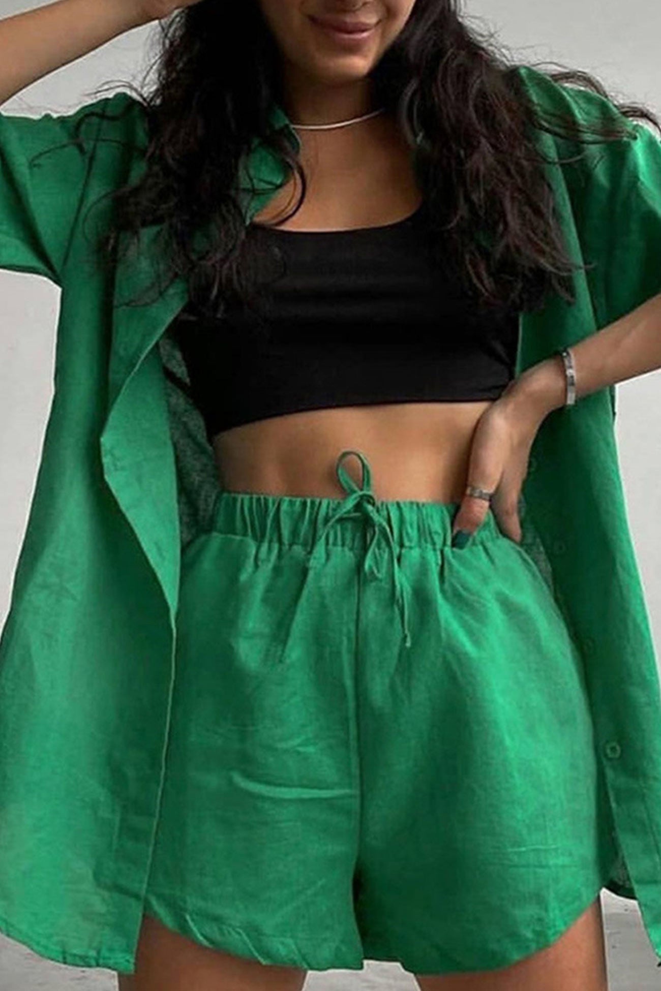 Saoirse - solid short sleeve shirt drawstring shorts set