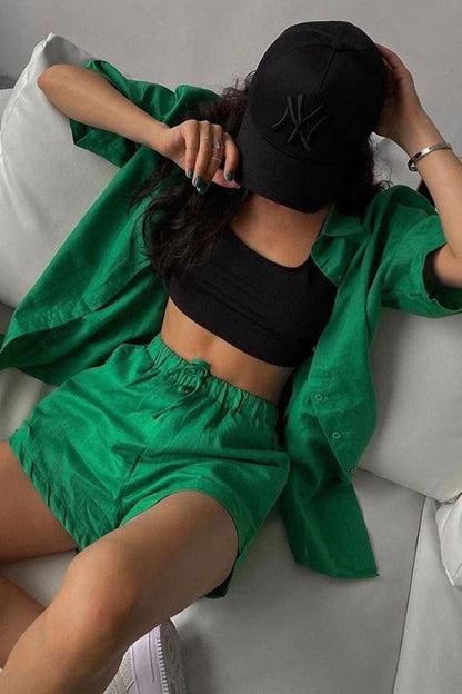 Saoirse - solid short sleeve shirt drawstring shorts set