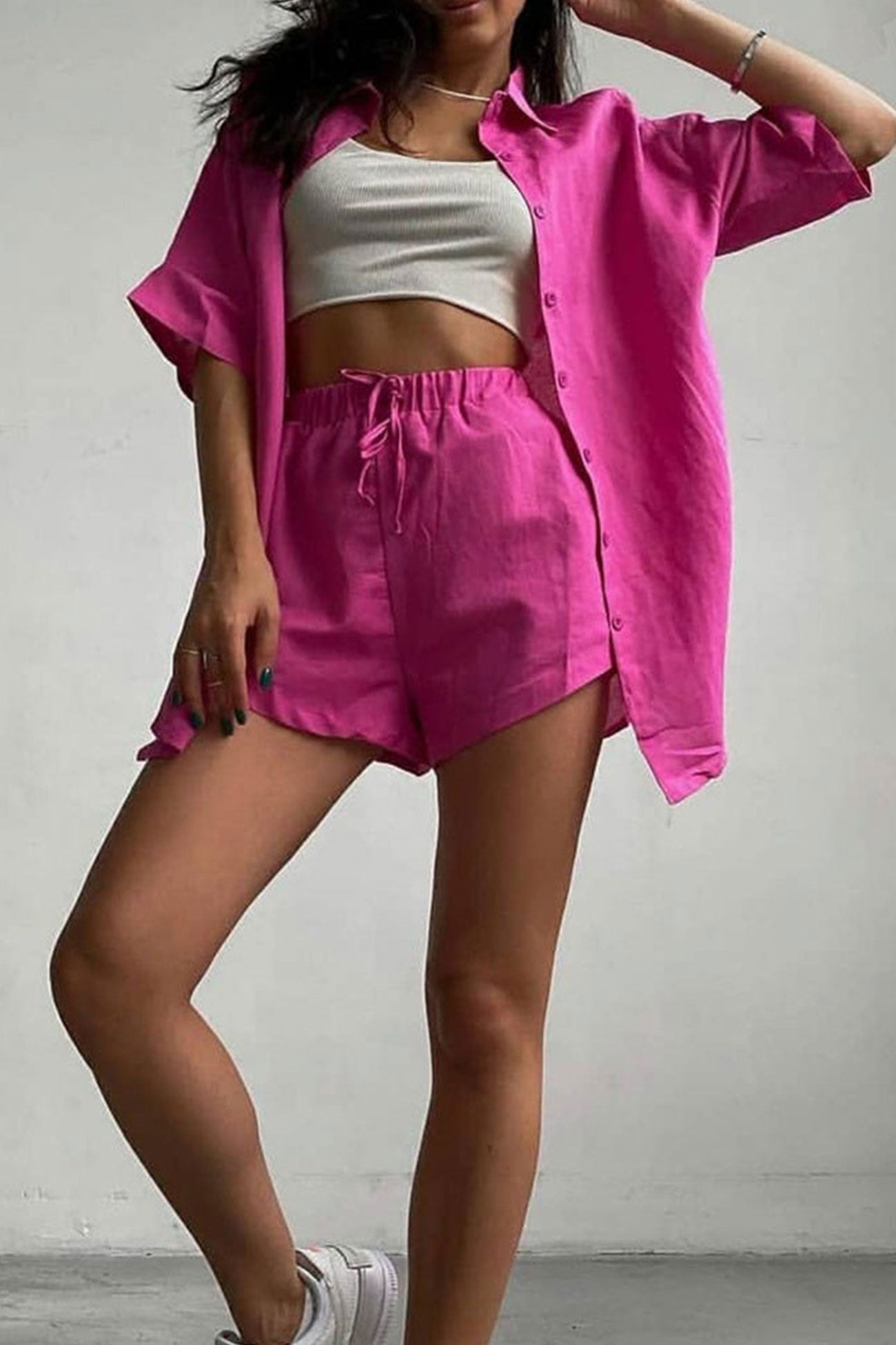 Saoirse - solid short sleeve shirt drawstring shorts set