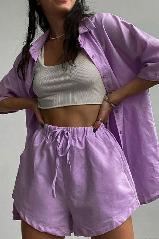 Solid Short Sleeve Drawstring Shorts Set