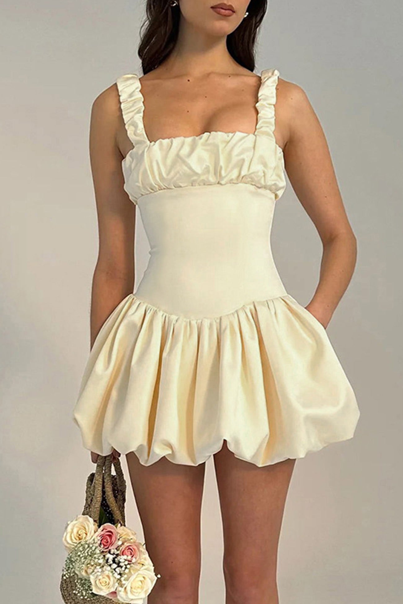 Women's Mini Dress - Corset Bodice - Ruched Straps - Bubble Skirt - Satin Finish