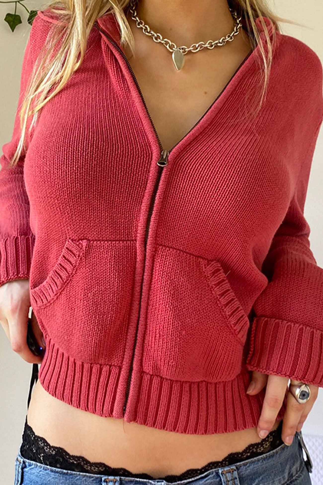 Women's solid color hooded zip-up coat with pockets