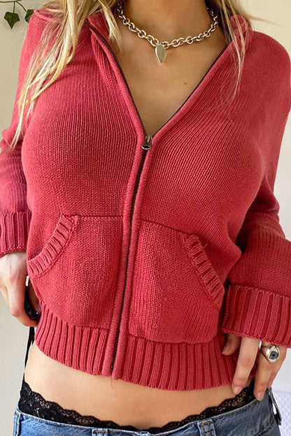 Women's solid color hooded zip-up coat with pockets