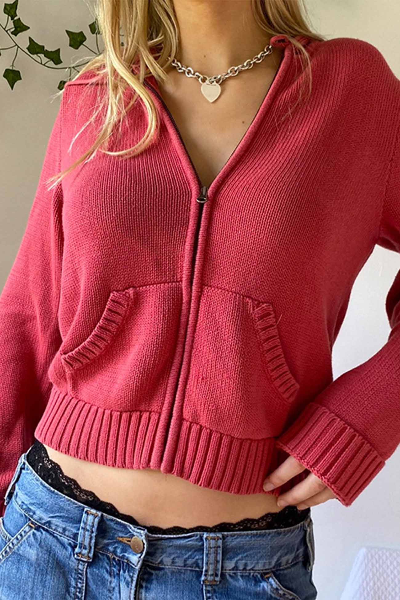 Women's solid color hooded zip-up coat with pockets