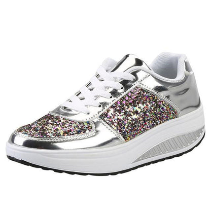 Women's Platform Sneakers - Glitter Embellished - Lace-Up - Fashionable Casual Wear
