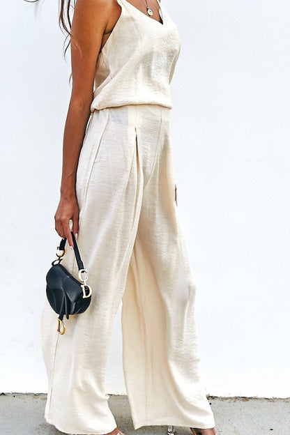 Women’s Matching Set - Sleeveless V-Neck Top & High Waisted Wide-Leg Pants - Relaxed Fit