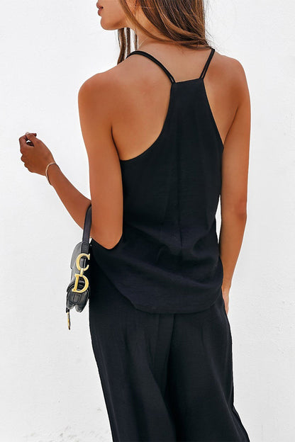Women’s Matching Set - Sleeveless V-Neck Top & High Waisted Wide-Leg Pants - Relaxed Fit